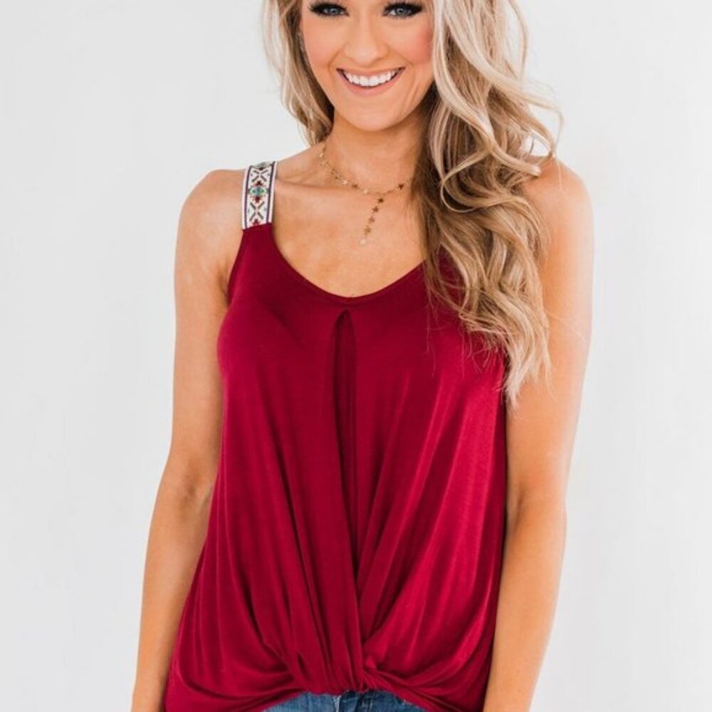 Dreamkue Women's Dark Red Twist Hem Embroidered Straps Tank Top Size Small - Picture 5 of 5
